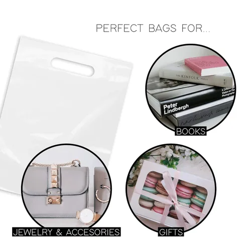 Miniatura 3 de Purple Q Crafts Bolsa de plástico transparente con asas de 9 x 12 pulgadas, bolsas de plástico troqueladas esmeriladas transparentes con asas