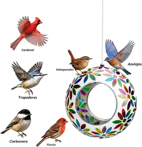 Miniatura 5 de VCUTEKA Comedero para pájaros para colgar en el exterior con recipiente de vidrio de forma redonda para atraer más aves silvestres, mosaico de paso