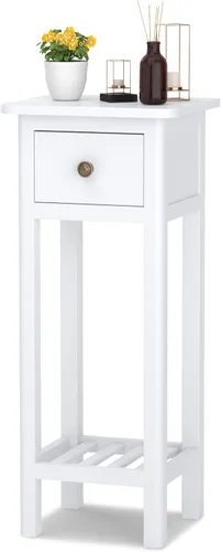 Harmony-Furniture - Mesa auxiliar estrecha, mesita de noche alta con cajón y estante, mesita de noche pequeña con dispositivo antivuelco, sin