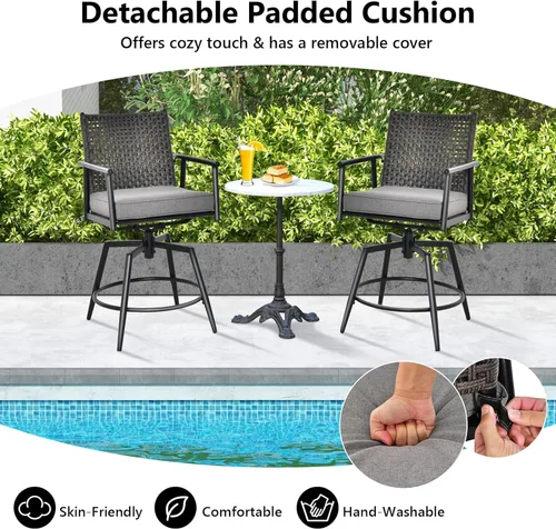 Miniatura 9 de COSTWAY Juego de 2 taburetes de bar giratorios para patio, silla de bar con marco de metal, respaldo de ratán de polietileno, cojín acolchado