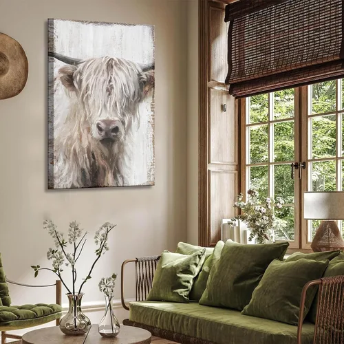 Miniatura 6 de 1 pieza de arte de pared de vaca Highland, lienzo de vaca de granja para decoración de pared, imagen de pintura blanca de vida silvestre, impresión