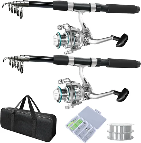 Miniatura 8 de Paquete de 2 cañas de pescar, combos de caña de pescar con caña de pescar telescópica, carretes giratorios, bolsa de transporte de pesca para Verde