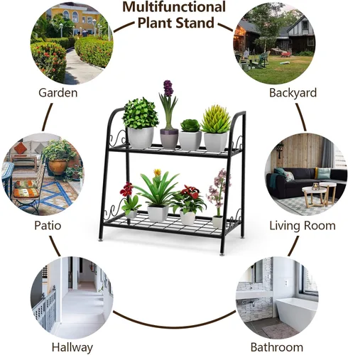 Miniatura 7 de Giantex Soporte de metal de 2 niveles para plantas, estante para plantas de interior y exterior, estante de exhibición de flores, soporte