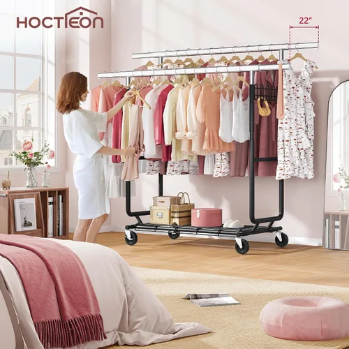 Miniatura 8 de Hoctieon Perchero de doble varilla de montaje en 2 minutos, estante resistente para ropa con ruedas, plegable para uso comercial, barra extensible