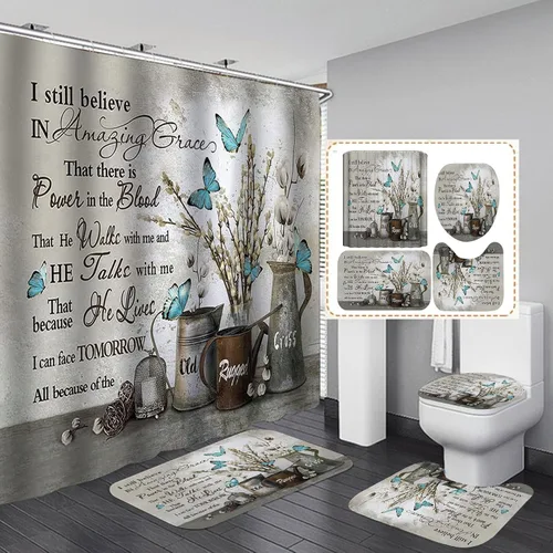 OLEBETY - Juego de 4 cortinas de ducha con citas inspiradoras, mariposa azul y blanca, flores de algodón, vintage, floral, rústico, rústico,