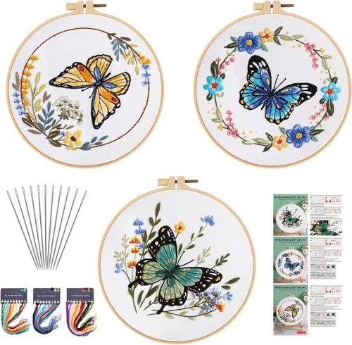 Miniatura 22 de Kit de bordado para principiantes, kits de punto de cruz para adultos, manualidades, 3 piezas, patrón de bordado, hilo de bordado de tela y agujas