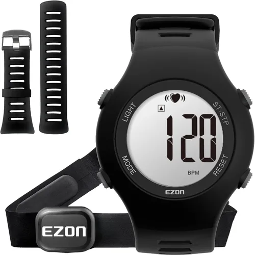 EZON Monitor de frecuencia cardíaca con correa de pecho y reloj digital T037, 5ATM, impermeable, rastreador de actividad física con HRM, calorías
