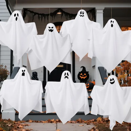 Miniatura 7 de JOYIN 7 decoraciones colgantes de fantasmas de Halloween al aire libre, 19.6 pulgadas, decoración de fantasmas blancos voladores para árbol