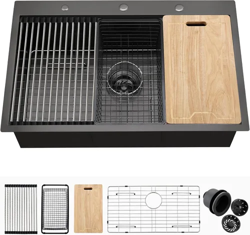 Miniatura 12 de Fregadero de cocina negro 21 x 18 x 10 pulgadas, calibre 16 T304, fregadero de cocina pequeño, acero inoxidable negro, para preparación al aire