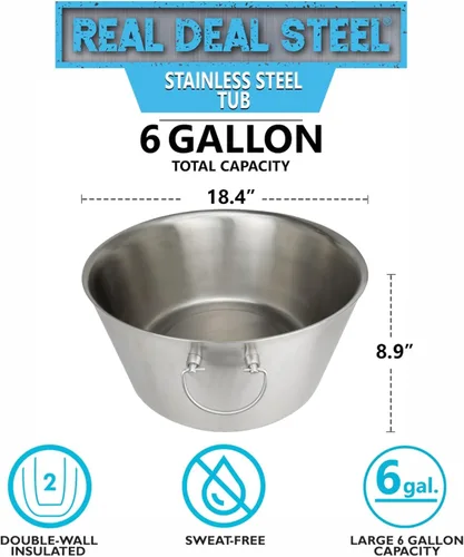 Miniatura 4 de Bañera de bebidas aislada de acero inoxidable, acero real, bañera grande de 6 galones redonda de doble pared para fiestas, enfriador de hielo