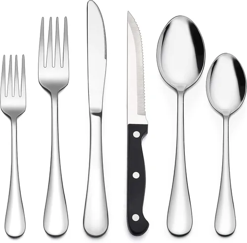 Miniatura 9 de LIANYU Juego de cubiertos negros de 36 piezas con cuchillos para carne, cubiertos de acero inoxidable para 6, utensilios de cocina modernos, acabado