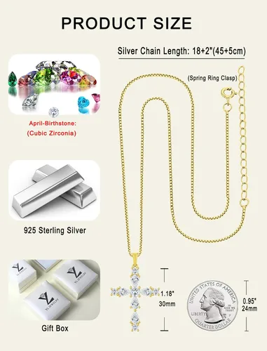 Miniatura 97 de YL Collar de cruz de plata de ley 925 con colgante de piedra natal religiosa para mujer