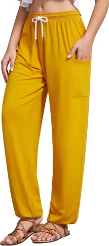 QIANXIZHAN Pantalones de harén para mujer, pantalones hippie palazzo, pantalones bohemios, ropa de yoga con bolsillos