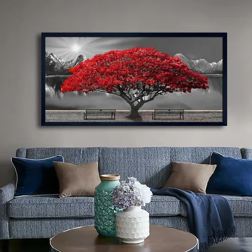 Miniatura 19 de Mofutinpo Arte de Pared de Árbol Rojo en Blanco y Negro Impresión en Lienzo Cuadro Paisaje de Árbol Rojo Grande Obra de Arte Moderna para Sala