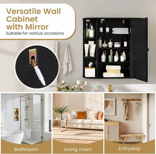 Miniatura 9 de Tangkula Botiquín de baño con espejo, almacenamiento para el hogar montado en la pared con puerta y 6 estantes abiertos, estantes ajustables, Negro
