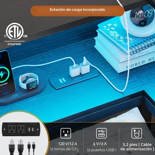 Miniatura 6 de DICTAC Marco de cama esquinero con 2 cajones de almacenamiento y cabecero de estantería individual XL, marco de cama de plataforma de metal con Negro