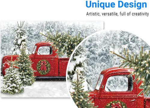 Miniatura 3 de Funnytree Telón de fondo de camión rojo navideño de 82" x 59", diseño de bosque nevado de invierno, árbol, fondo de Navidad, "Deja que nieve