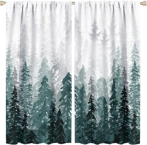 Cortinas de bosque brumoso azul, bolsillo para barra, paisaje natural, árbol brumoso, montañas, camping, paisaje, rústico, impreso, dormitorio, sala