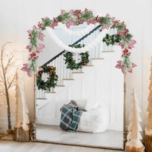 Miniatura 5 de CISDUEO - Guirnalda de Navidad Artificial de Flores de Nochebuena Poinsettia, Guirnalda de Bayas Rojas Artificiales con Piñas para Chimenea, Mantel