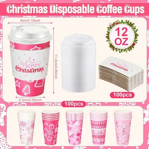 Miniatura 2 de Ziliny 100 juegos de tazas de papel de Navidad con manga y tapa con pajita, tazas de chocolate caliente y cacao para fiestas de Navidad, suministros