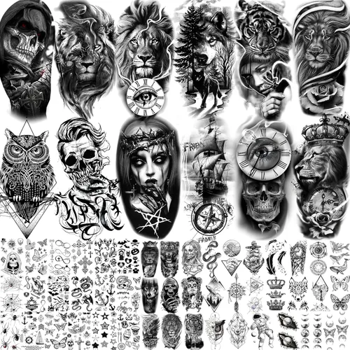 EGMBGM 59 hojas de tatuajes temporales 3D en negro de Halloween para hombres, mujeres, niños, tatuajes temporales de manga de larga duración, falsos