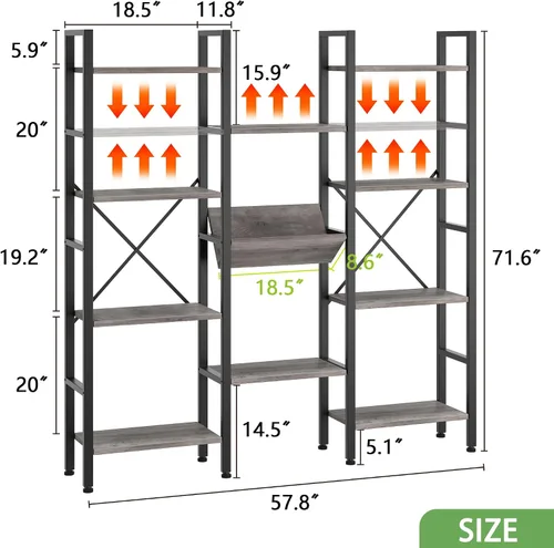 Miniatura 2 de Estantería triple ancha de 4 niveles, 11 estantes abiertos, de pie, estantes ajustables para el hogar, sala de estar, dormitorio, gris