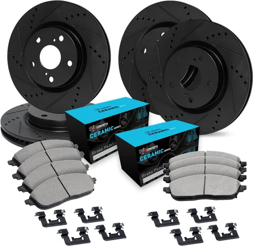 R1 Concepts Kit de freno delantero y trasero para INFINITI Q50 2014-2022, INFINITI Q60 2017-2022 | Rotores de freno ranurados perforados | Kit de