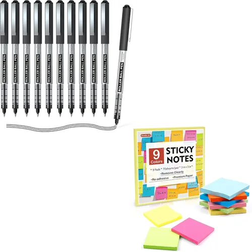 Shuttle Art Paquete de suministros escolares y de trabajo, 10 bolígrafos de tinta líquida negra + 9 notas adhesivas de colores brillantes para