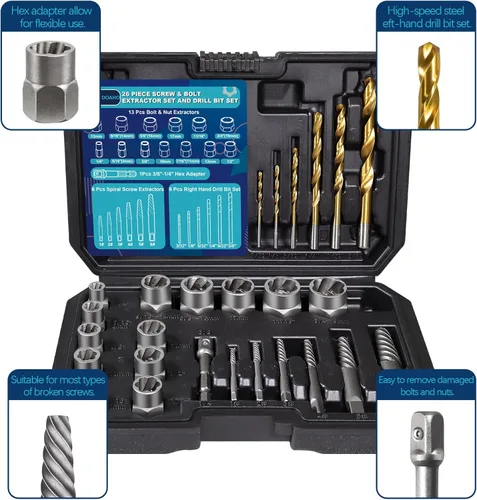 Miniatura 3 de DOAHO Juego de 26 piezas de extractor de pernos de impacto y tornillos en espiral con brocas de mano inversa para kit de fácil extracción