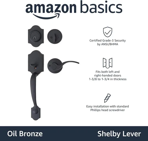 Miniatura 2 de Amazon Basics Juego de cerraduras para puerta principal, conjunto de manijas con palanca Shelby, manija de puerta de nivel, exterior, paquetes