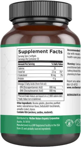 Miniatura 2 de Mother Nature Organics - Aceite de pescado DHA Omega 3 de alta EPA, 1600 mg - Botella de vidrio de 120 cápsulas blandas por Mother Nature Organics