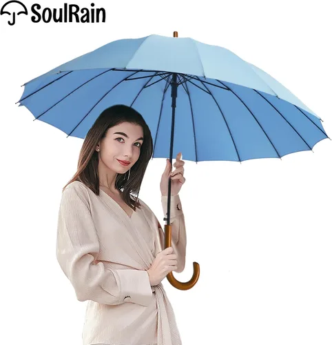 Miniatura 87 de SoulRain Paraguas de palo de 16 varillas de 48 pulgadas, apertura automática, color sólido, moderno y simple, mango de madera clásico de arco