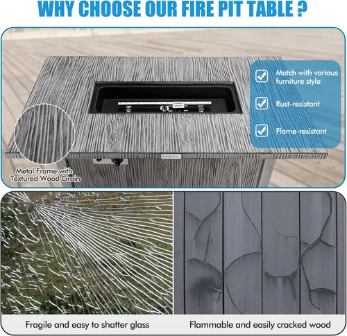 Miniatura 9 de Tangkula Patiojoy - Mesa de fuego de propano de 43 pulgadas, mesa de fuego de gas para exteriores de 50,000 BTU con mesa de grano de madera