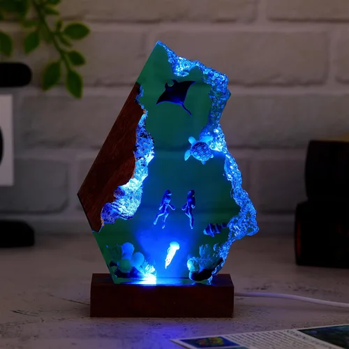 Miniatura 7 de Drawelry Lámpara creativa de luz de madera de resina epoxi, hecha a mano, con forma de onda profunda, lámpara de océano acuático profundo, buceador