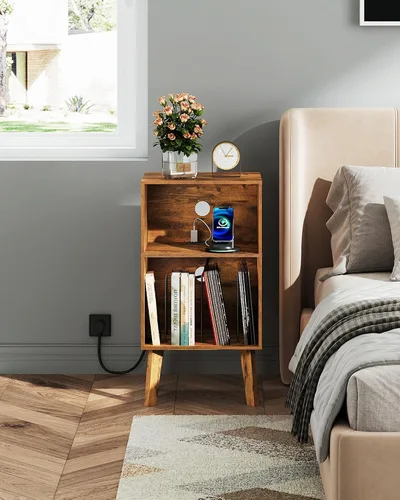 Miniatura 6 de WLIVE - Soporte para tocadiscos con estación de carga, moderna mesita de noche con almacenamiento, mesita de noche de espacio pequeño, mesa auxiliar