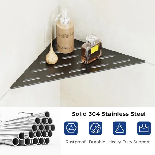 Miniatura 5 de Estante de ducha esquinero, almacenamiento incorporado en baño para paredes de azulejos de 90°, acero inoxidable 304 negro mate, juego de 2