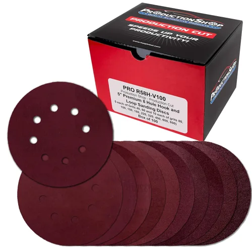 Miniatura 18 de ProductionShop Discos de lijado de grano 40 con patrón rojo de 8 agujeros de 5 pulgadas, caja de 30, papel de lija sin polvo con respaldo de gancho