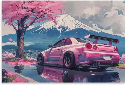 FeoYoed Pósteres de lienzo para pared, color rosa JDM Car R35 y Mount Fuji Cherry Blossoms Reflection, decoración estética moderna para dormitorio,