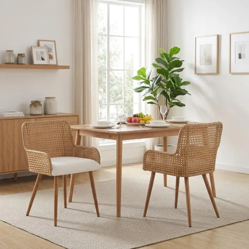 Sillas de comedor de ratán, sillas de comedor tapizadas de tela Boucle con reposabrazos y respaldo de caña de polietileno, sillas de comedor