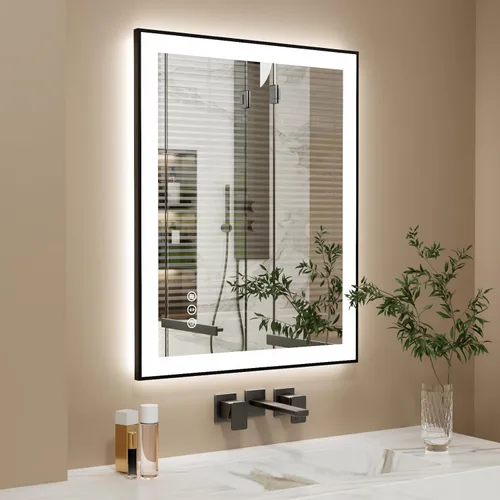 Miniatura 32 de Espejo de baño LED de 60x36 pulgadas con marco negro, espejos de baño retroiluminados y con luz frontal para pared, antiempañamiento, regulable