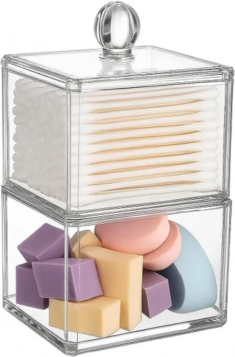 Miniatura 5 de Soporte cuadrado apilable de bolas de algodón acrílico, soporte para Q-tip Dispensador de hisopos de baño (paquete de 3)