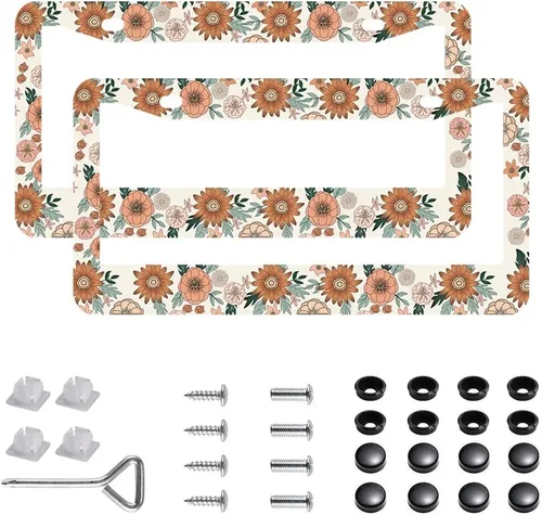 Miniatura 9 de Paquete de 2 marcos para placa de automóvil de acero inoxidable con tornillos, tapas y destornilladores, para mujeres y niñas, diseño de flores de 7