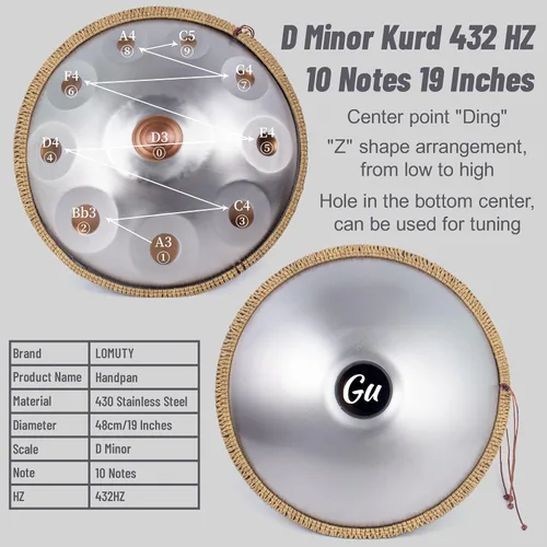 Miniatura 8 de Handpan de 19 pulgadas D menor Kurd Handpans de 10 notas, tambor de mano de instrumento musical para principiantes y actuaciones, tambores de mano
