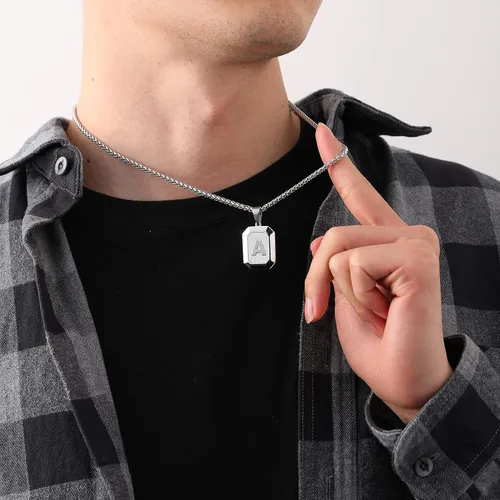 Miniatura 3 de Collar con inicial A-Z para hombres y niños, cadena con colgante de letra cuadrada de acero inoxidable para hombres, cadena de trigo de 20 + 2
