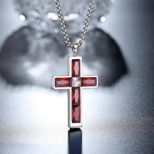Miniatura 58 de Collar de cruz para hombre, piedras preciosas de color piedra natal de circonita cúbica, collar de acero inoxidable para hombre, cadena de 24