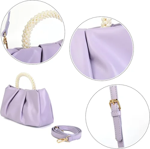Miniatura 5 de Valleycomfy Bolsos de mano de noche con perlas para mujer, de cuero suave, fruncidos, cruzados, bolsa de hombro para fiestaboda