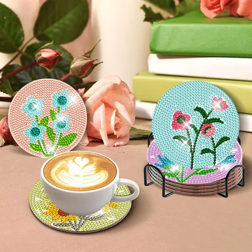 Miniatura 4 de DOTZSO Juego de 8 posavasos de arte de diamante con soporte, kits de arte de diamantes para adultos principiantes, pequeños posavasos de pintura
