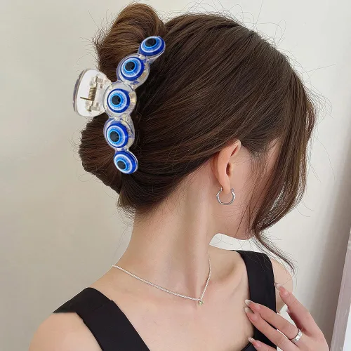 Miniatura 4 de ROMODIYA Pinza para el pelo de Halloween, diseño de ojo malvado de plástico acrílico, pinzas de garra de pelo azul, 5 piezas, sujeción fuerte