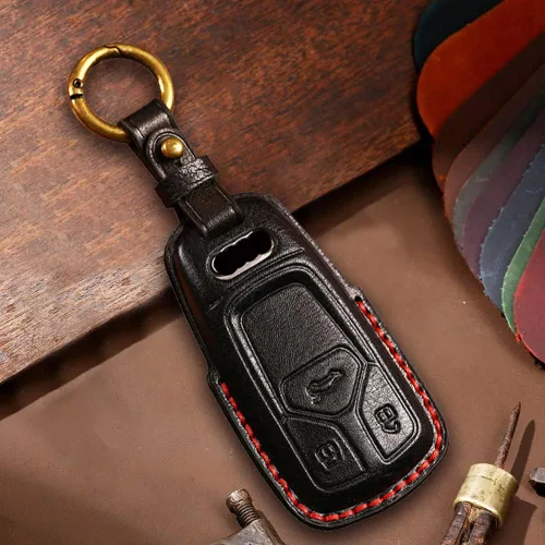 Miniatura 3 de ontto Funda de cuero para llave de entrada sin llave con protección completa, compatible con Audi A4 Q7 Q5 TT A3 A6 negro (tipo A)