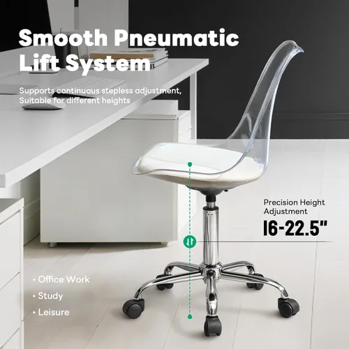 Miniatura 7 de Lessmore Silla de escritorio de acrílico transparente con cojín de piel sintética, silla ajustable de oficina en casa con ruedas, silla de tocador